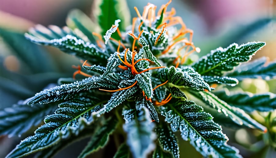 Detailed view of THC flower showing its trichomes and rich colors