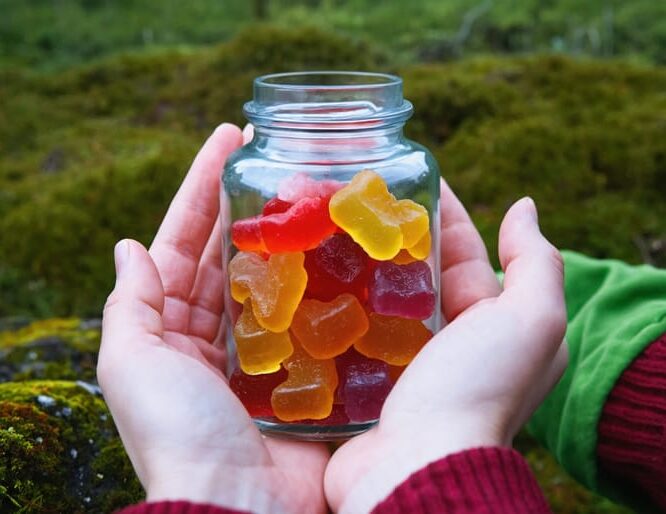 A serene image of a cancer patient holding a jar of colorful CBD gummies, with elements representing Canadian innovation and support in the background.