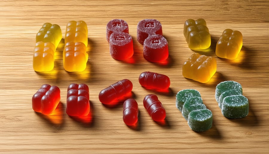 Assorted CBD gummies displayed on a table